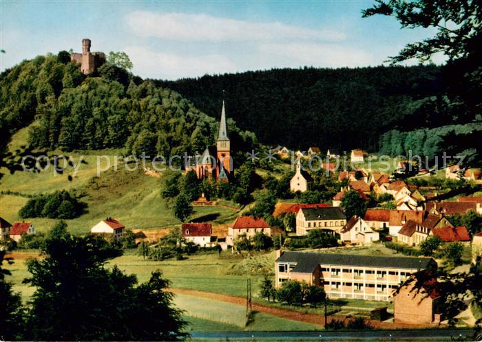 Hohenecken Kaiserslautern Rheinland-Pfalz Ortsansicht mit Kirche und Burgruine