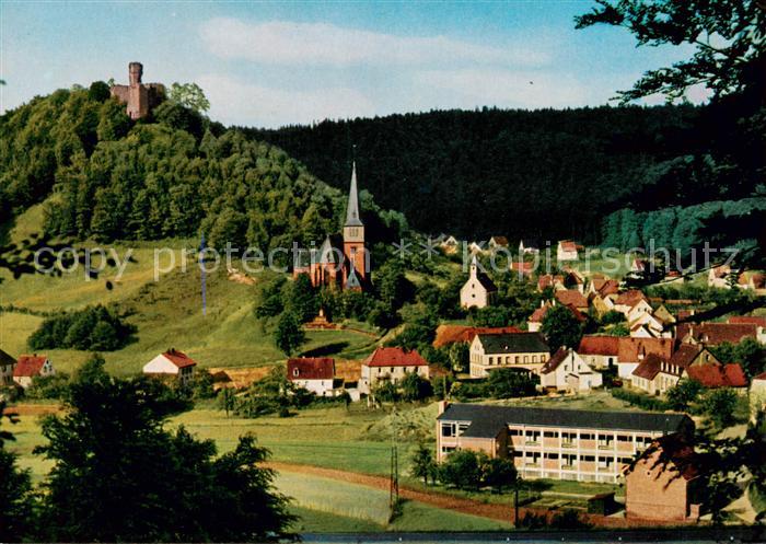 Hohenecken Kaiserslautern Rheinland-Pfalz Ortsansicht mit Kirche und Burgruine