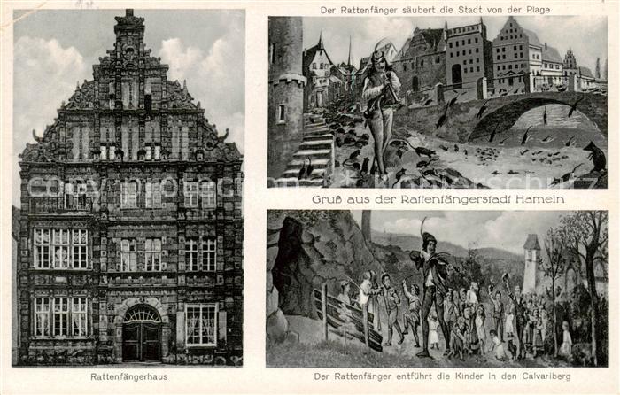 Hameln Weser Rattenfaengerhaus Ortsansicht Der Rattenfaenger entfuehrt die Kinde