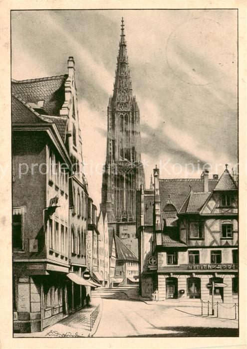 Ulm  Donau Hirschstrasse mit Muenster nach Original-Handzeichnung von Ludwig Fri