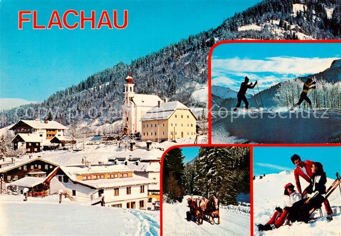 Flachau Ortspartie mit Kirche Skilanglauf Pferdeschlitten