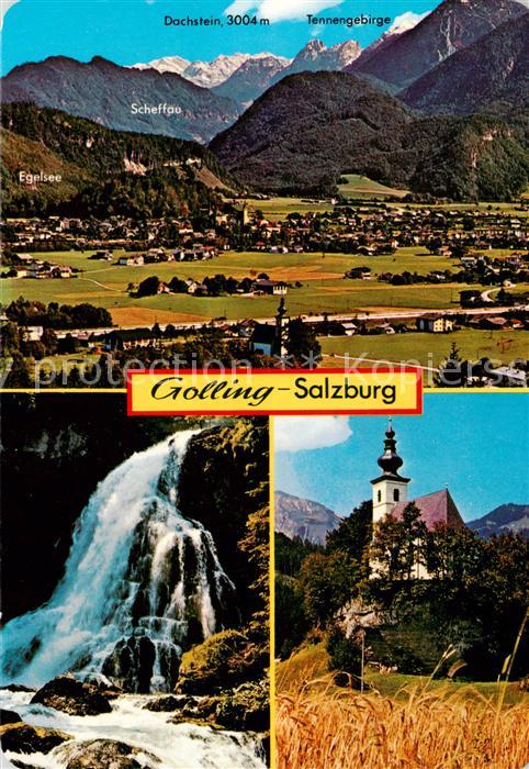 Golling  Salzach AT mit Dachstein und Tennengebirge Wasserfall Kirche