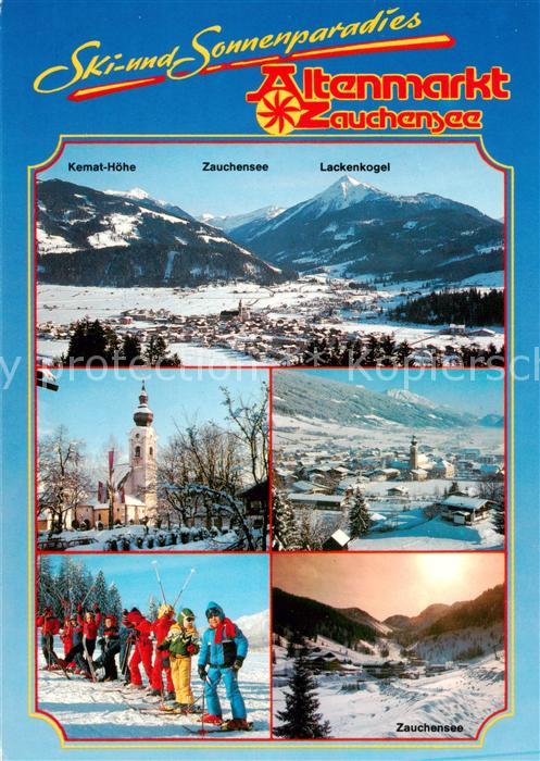 Altenmarkt Zauchensee AT Kemat Hoehe Zauchensee Lackenkogel Kirche Panorama Skis