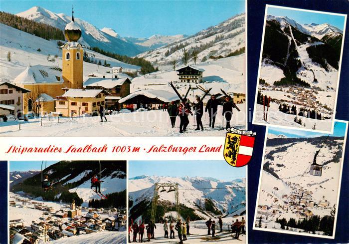Saalbach -Hinterglemm AT Dorfkirche mit Talschluss und Zwoelferkogel Bernkogel S