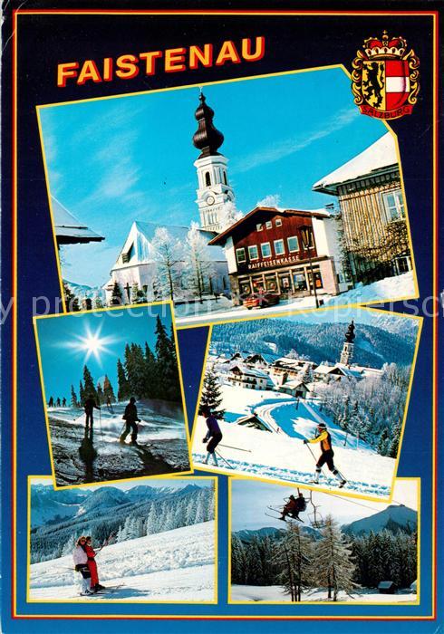 Faistenau Salzburg AT Kirche Raiffeisenkasse Skilifte Ortspartie