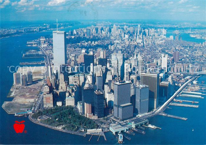 New York City Manhattan in foreground Twin Towers with Hudson River Air view