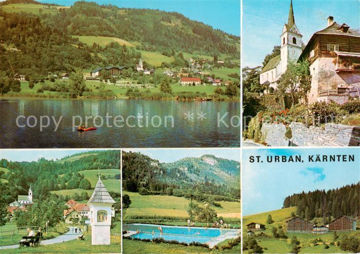 St Urban Kaernten AT Urbansee Bildstock Freibad Kirche Panorama