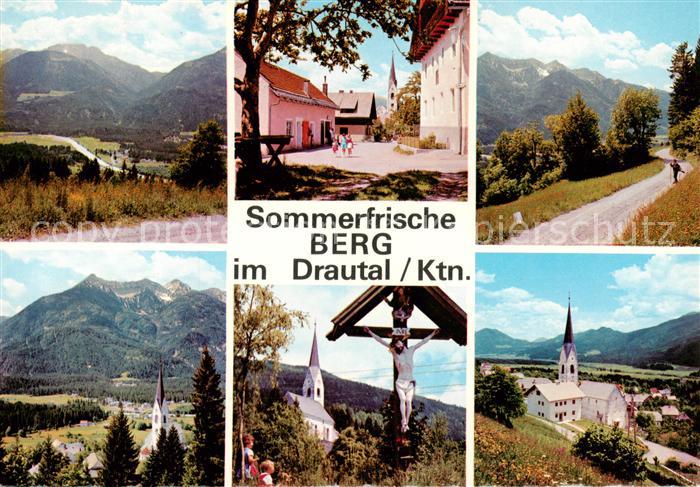 Berg Drautal Kaernten AT Panorama Ortspartien Wanderweg Kirche Wegekreuz