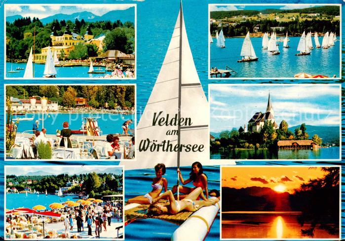 Velden  Woerthersee AT Seepartien Hotel Strand Segelregatta Kirche Sonnenunterga