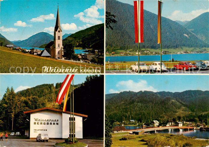 Weissensee Kaernten AT Kirche Panorama Bergbahn Talstation Bruecke