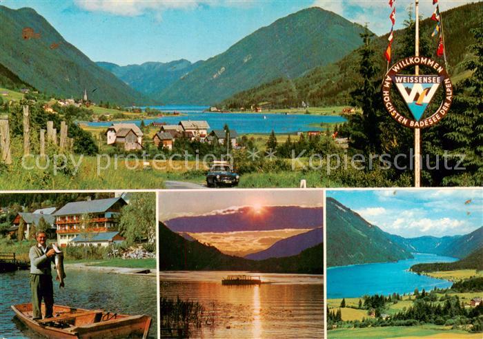Weissensee Kaernten AT Panorama Angler Sonnenuntergang