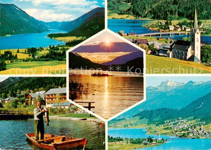 Weissensee Kaernten AT Panorama Angler Kirche Sonnenuntergang