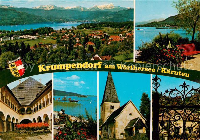 Krumpendorf Woerthersee AT mit Karawanken Schloss Hallegg Strandmotiv Kirche von
