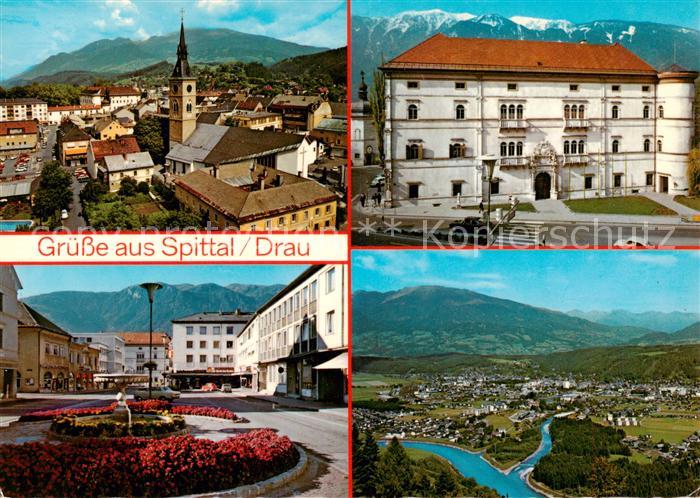 Spittal Drau Kaernten AT Ortsansicht Schloss Porcia Neuer Platz mit Goldeck Pano