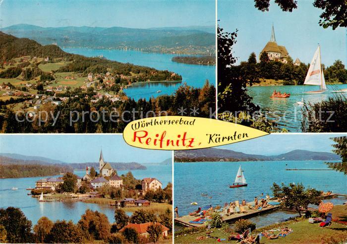 Reifnitz Woerthersee Wallfahrtskirche Maria Woerth Panorama Segelpartie Strand