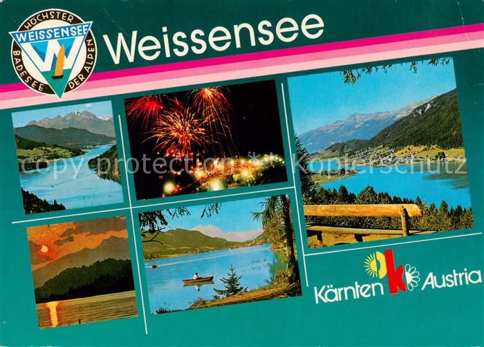Weissensee Kaernten AT Teilansichten Feuerwerk Sonnenuntergang