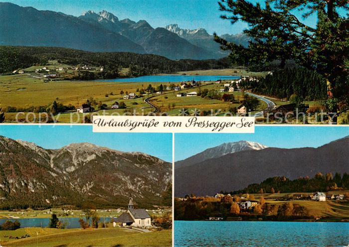 Pressegger See Villach Kaernten AT Panorama mit Presseggen und Passriach Strandh