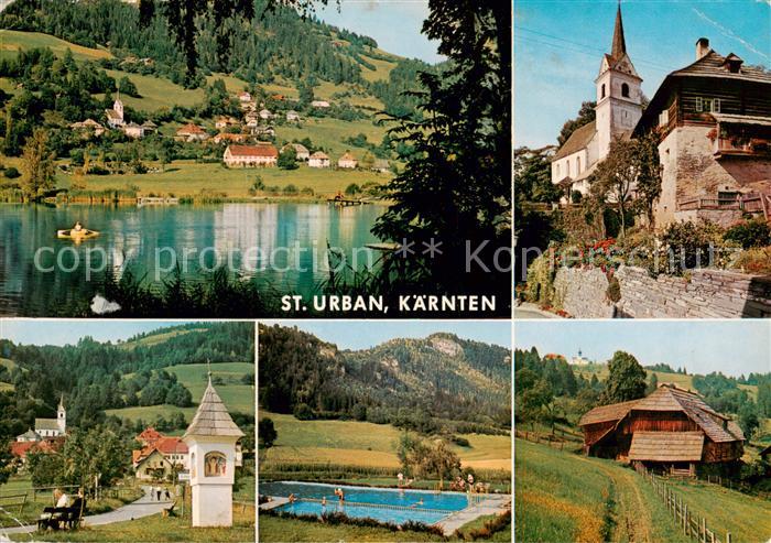 St Urban Urbansee Kaernten AT Panorama Schwimmbad Zwattendorf mit Goesseberg Bau