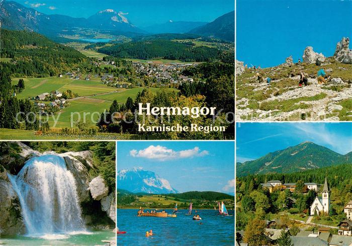 Hermagor Kaernten AT Panorama Wasserfall Pressegger See Ansicht mit Kirche Bergw