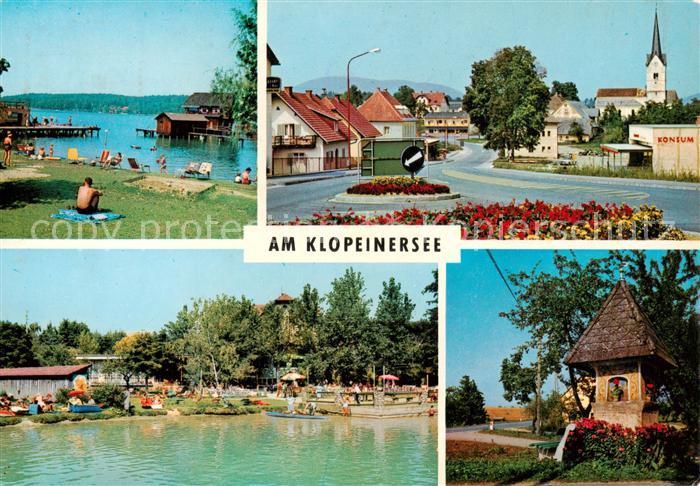 Klopeinersee Kaernten AT Badestrand St Kanzian Kirche Seepartie Bildstock