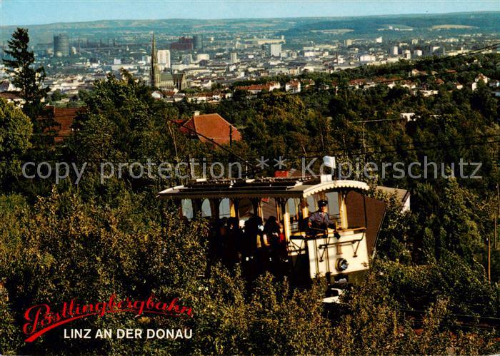 Linz Donau AT Stadtpanorama Elektrische Schienenbahn von Uhfahr auf den Poestlin