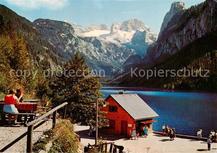 Gosausee Gosau Salzkammergut AT Huette am See Blick zum Hohen Dachstein