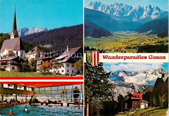 Gosau Salzkammergut AT Panorama mit Gosaukamm Hallenbad Gablonzerhuette mit Dach