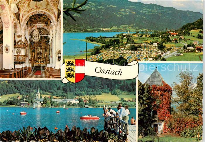 Ossiach Inneres der Stiftskirche Campingplatz Stift Ossiach Turm im Friedhof