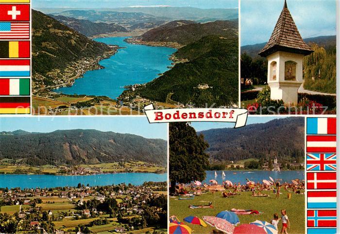 Bodensdorf Ossiacher See AT Panorama Badestrand Bildstock Flaggen