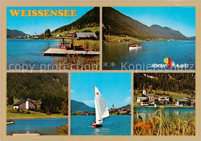 Weissensee Kaernten AT Panorama hoechster Badesee der Alpen Badesteg Segeln Hote