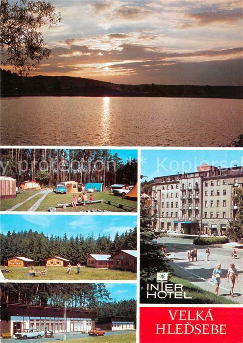 Velka Hledsebe CZ Interhotel Bungalows Campingplatz Sonnenuntergang am See
