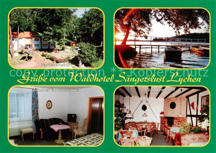 Lychen Waldhotel Saengerslust Gartenteich Bootssteg Zenssee Zimmer Montreux Jagd