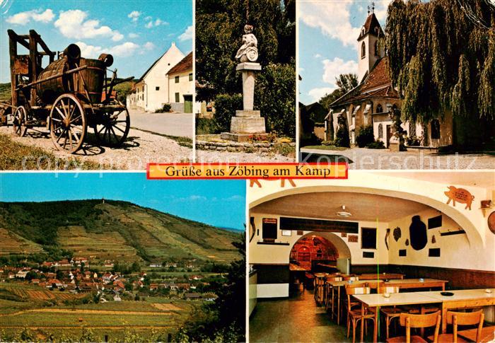 Zoebing Kamptal Kellergasse Steinfigur Kirche Panorama mit Warte Heuriger