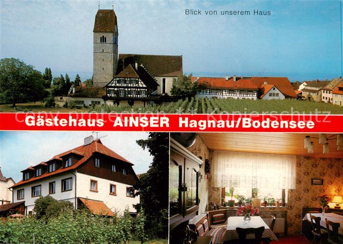 Hagnau Bodensee Gaestehaus Ainser Gastraum Ortsansicht mit Kirche