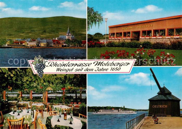 Oestrich-Winkel Rheinterrasse Molsberger Weingut Weinstube Partie am Rhein Kran