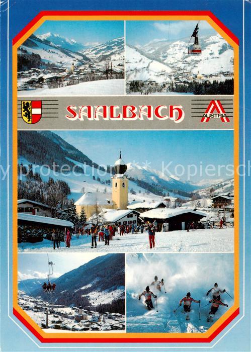 Saalbach -Hinterglemm AT Ortspartie mit Kirche Sessellift Skifahrer