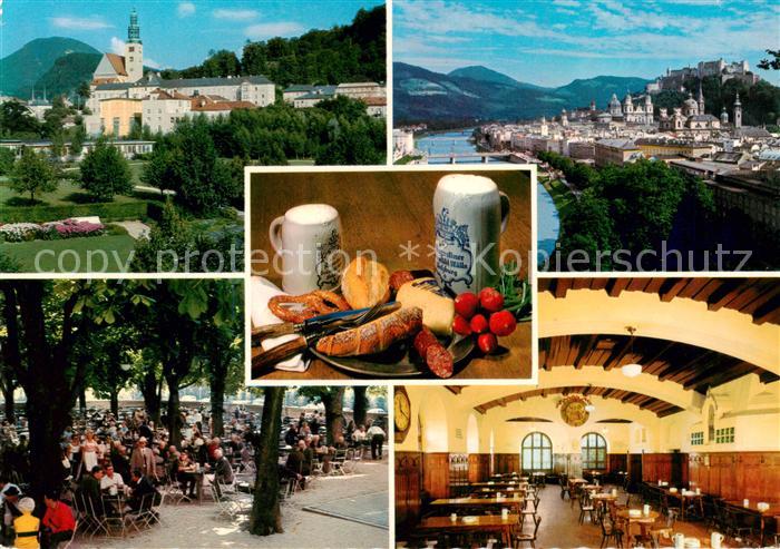 Salzburg  AT Augustiner Braeustuebl Gartenwirtschaft Brotzeit Speisesaal Kirche