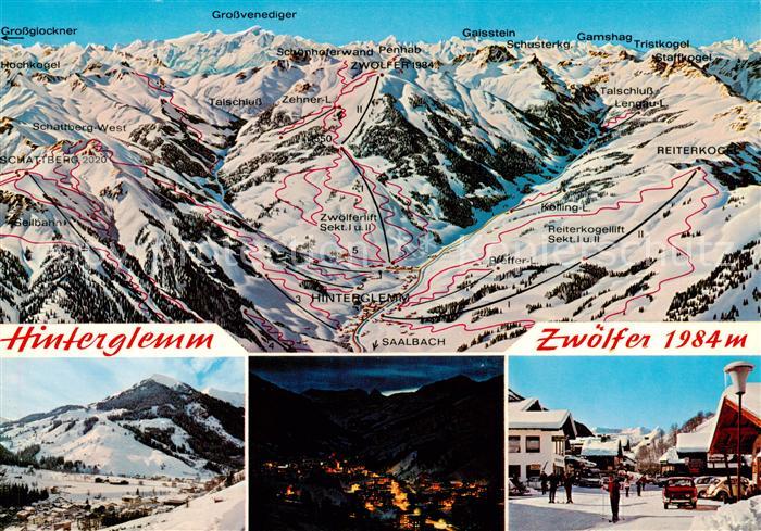 Hinterglemm Saalbach Panoramakarte Zwoelferkogel Skidorf bei Nacht Dorfstrasse