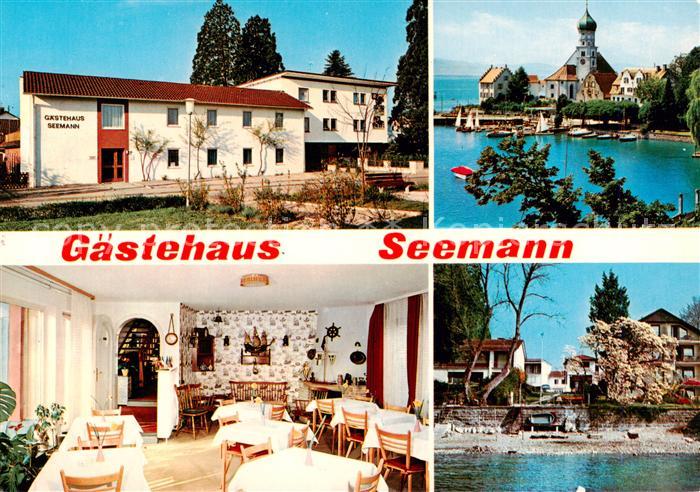 Wasserburg Bodensee Gaestehaus Seemann Gastraum Seepartie Kirche