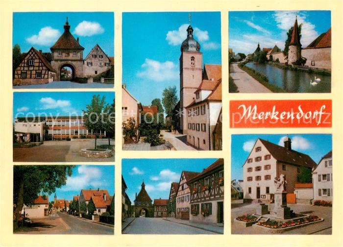Merkendorf Mittelfranken Teilansichten Stadttor Kirche Partie am Fluss Denkmal