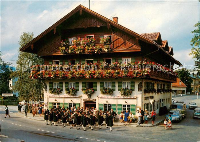 OBERAMMERGAU Bayern Hotel Wolf Blumenschmuck Musikkapelle