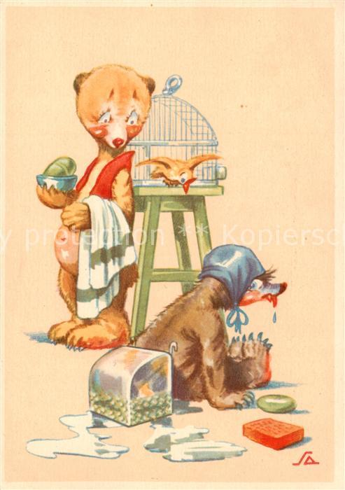 Vermenschlicht Baer Vogel  Litho