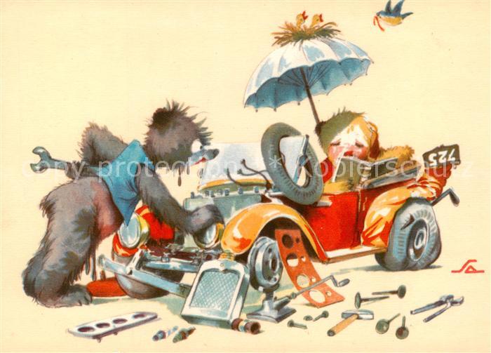 Vermenschlicht Baer Auto Vogel Litho