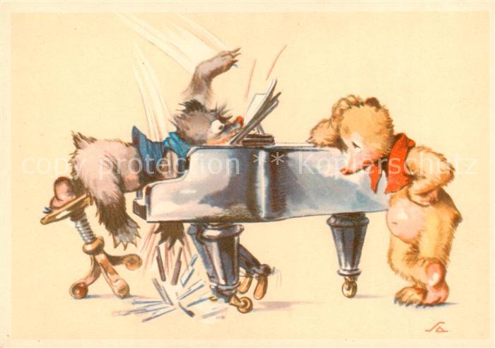 Vermenschlicht Baer Hund Klavier litho