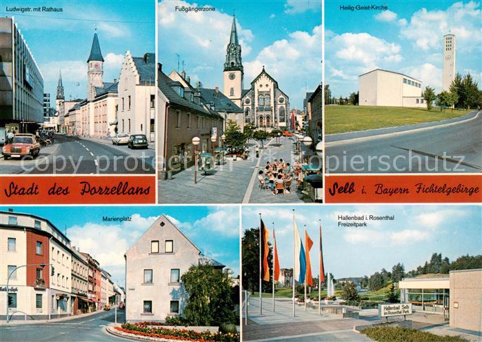 Selb Oberfranken Bayern Ludwigstr mit Rathaus Fussgaengerzone Heilig Geist Kirch