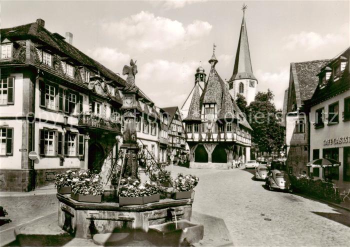 Michelstadt Marktbrunnen und Rathaus 15. Jdht. Kirchturm