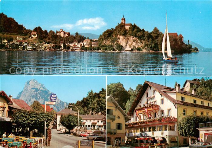 Traunkirchen AT Ansicht vom See aus Ortsmotive Hotel Restaurant