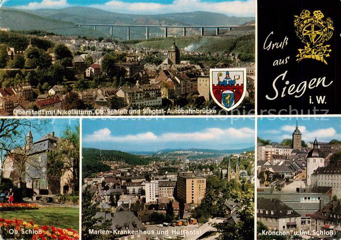 Siegen Westfalen Oberstadt mit Nikolaiturm Schloss und Siegtal Autobahnbruecke