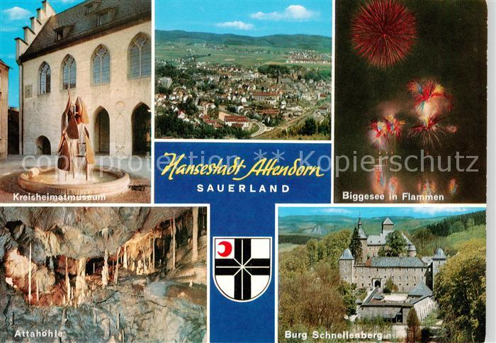 Attendorn Kreisheimatmuseum Attahoehle Panorama Biggesee in Flammen Burg Schnell