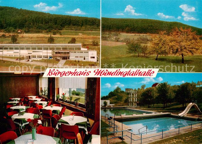 Muemling-Grumbach Buergerhaus Muemlinghalle Gastraum Freibad Panorama